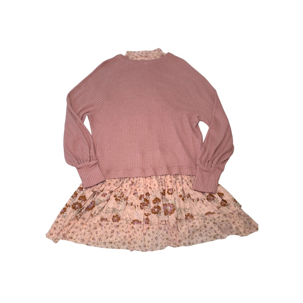 Free People Mixed Media Waffle Knit Floral Tiered Mini Dress Pink S Oversized